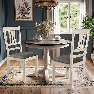 LuxenHome Modern Distressed Off White Rubberwood And Gray Upholstered Seat Dining Chair, Set Of 2