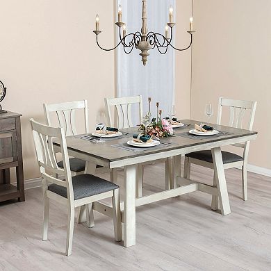 LuxenHome Modern Distressed Off White Rubberwood And Gray Upholstered Seat Dining Chair, Set Of 2