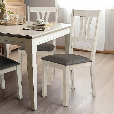 LuxenHome Modern Distressed Off White Rubberwood And Gray Upholstered Seat Dining Chair, Set Of 2