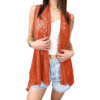 Women's Sleeveless Open Front Crochet Cardigan Bikini Cover Up