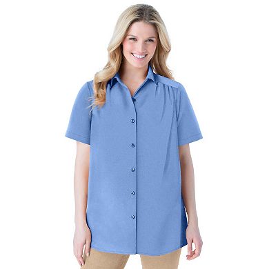 Woman Within Plus Size No Iron Short Sleeve Peachskin Shirt