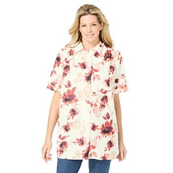 Woman Within Plus Size No Iron Short Sleeve Peachskin Shirt