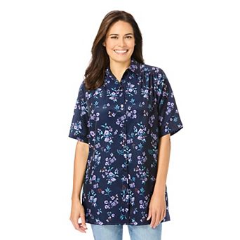 Woman Within Plus Size No Iron Short Sleeve Peachskin Shirt