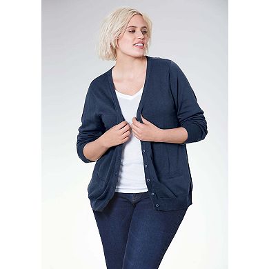 Ellos Plus Size V-Neck Button Front 100% Cotton Everyday Cardigan