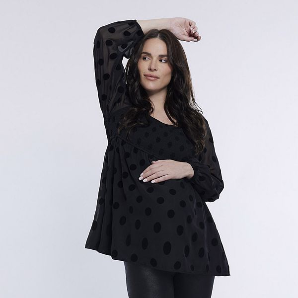 Maternity Motherhood® Smocked Babydoll Top - Black Polka Dot (XS-MAT)