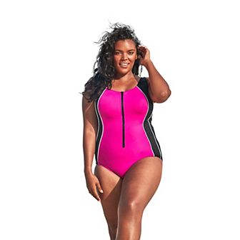 Swim 365 Women's Plus Size Zip-front One-piece With Tummy Control