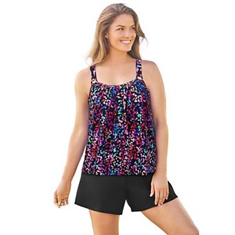 Swim 365 Women's Plus Size Tank Overlay Tummy Control Adjustable-Strap Swim Romper