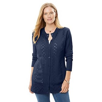 Woman Within Plus Size Long-Sleeve Pointelle Cardigan