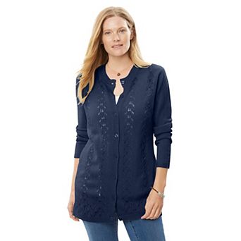 Woman Within Plus Size Long-Sleeve Pointelle Cardigan