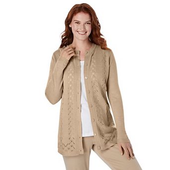 Woman Within Plus Size Long-Sleeve Pointelle Cardigan