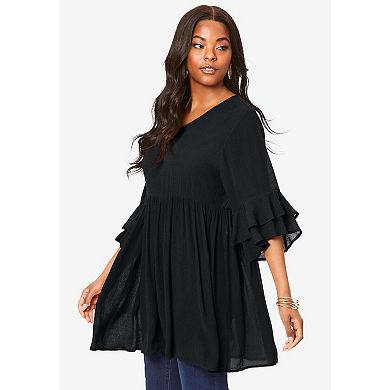 Roaman's Women's Plus Size Hand Crinkled Flutter Sleeve Tunic