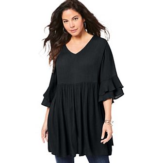 Roaman's Women's Plus Size Hand Crinkled Flutter Sleeve Tunic