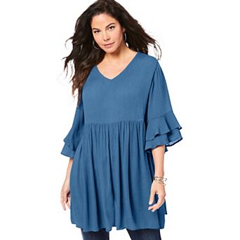 Roaman's Women's Plus Size Hand Crinkled Flutter Sleeve Tunic