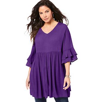 Roaman's Women's Plus Size Hand Crinkled Flutter Sleeve Tunic