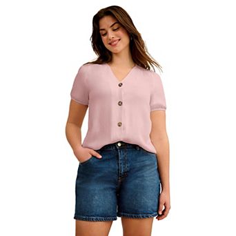 ellos Plus Size Contrast Button-Front Blouse