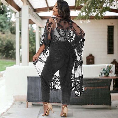 Women's Plus Size Lace Cardigan Floral Crochet Kimono