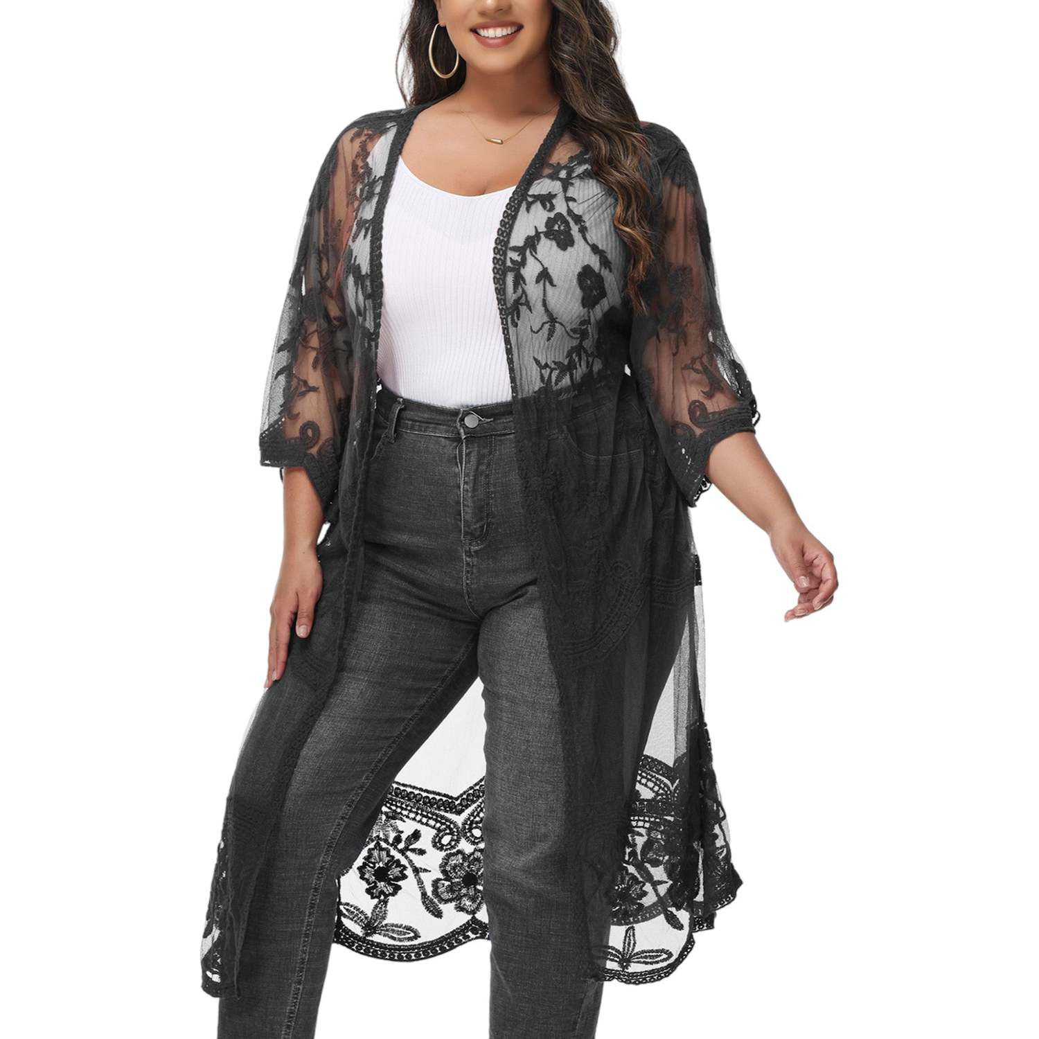 Women's Plus Size Lace Cardigan Floral Crochet Kimono