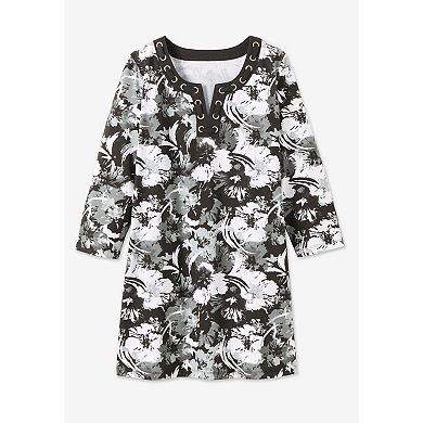 Woman Within Plus Size 7-Day Three-Quarter Sleeve Grommet Notch Tunic