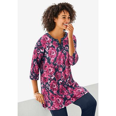 Woman Within Plus Size 7-Day Three-Quarter Sleeve Grommet Notch Tunic