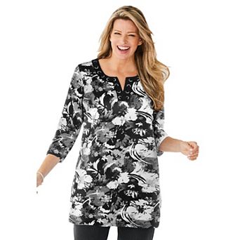 Woman Within Plus Size 7-Day Three-Quarter Sleeve Grommet Notch Tunic