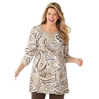 Woman Within Plus Size 7-Day Three-Quarter Sleeve Grommet Notch Tunic
