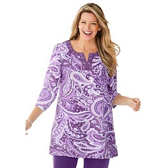 Woman Within Plus Size 7-Day Three-Quarter Sleeve Grommet Notch Tunic