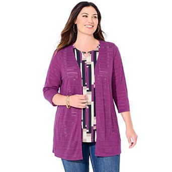 Catherines Women's Plus Size Shadow Stripe Burnout Cardigan