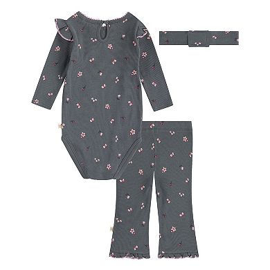 Newborn Baby Girls Huggies Babywear® Organic Floral Bodysuit Pants & Headband 3-Piece Set