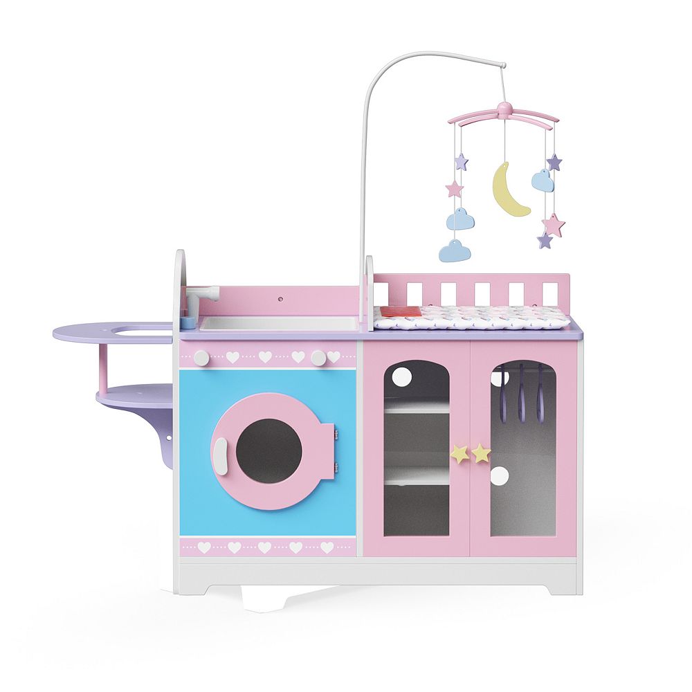 Olivia's Little World Maison De Poupée Nurserie – Table à Langer 2 Façades, Chaise Haute, Berceau, Baignoire, Accessoires Bébé, 86x53x102 Cm