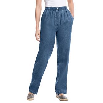 Woman Within Plus Size Straight-Leg All-Cotton Denim Pull-On 7-Day Elastic-Waist Jeans