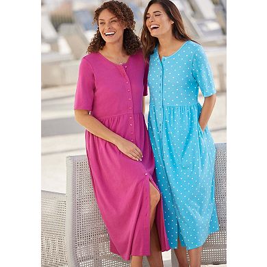 Woman Within Plus Size Petite Button-Front Elbow-Sleeve Knit Dress