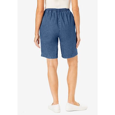 Woman Within Plus Size 7-Day Elastic-Waist Cotton Denim Short