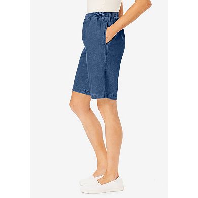 Woman Within Plus Size 7-Day Elastic-Waist Pull-On Cotton Denim Shorts