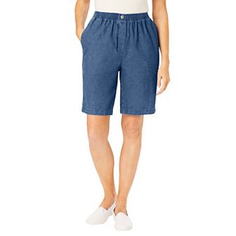 Woman Within Plus Size 7-Day Elastic-Waist Pull-On Cotton Denim Shorts