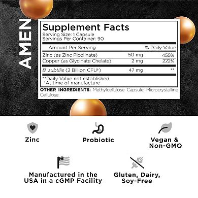 Amen Zinc & Copper, Probiotics 2 Billion Cfu, 3-month Supply, Zinc Picolinate, Vegan, Non-gmo, 90 Ct