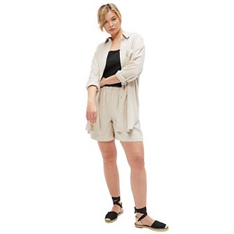 ellos Plus Size Linen-Blend Elastic Waist Shorts