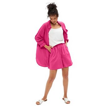 ellos Plus Size Linen-Blend Elastic Waist Shorts