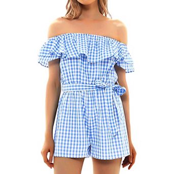 Women's Off Shoulder Rompers Ruffle Hem Drawstring Waist Short Jumpsuit