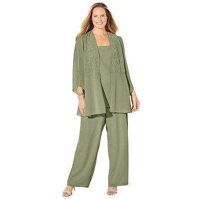 Plus Size Women's Masquerade Beaded 3-Piece Pant Suit by Catherines in Sage (Size 28 W)
