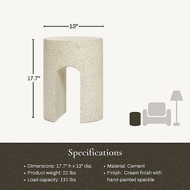 LuxenHome Outdoor Side Table,18'' Mod Cream Cement Small Accent Table, Round with U-Shape End Tables