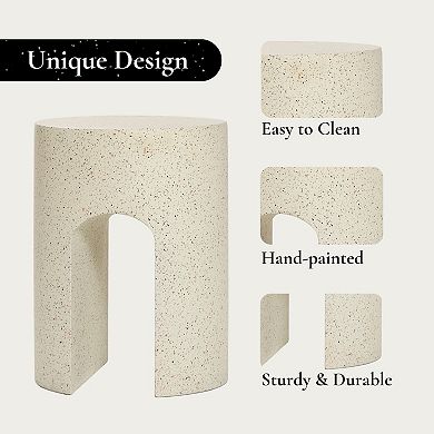 LuxenHome Outdoor Side Table,18'' Mod Cream Cement Small Accent Table, Round with U-Shape End Tables