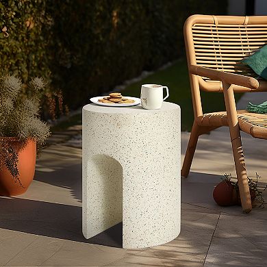 LuxenHome Outdoor Side Table,18'' Mod Cream Cement Small Accent Table, Round with U-Shape End Tables