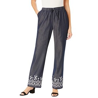 Woman Within Plus Size Petite Wide-Leg Drawstring Denim Pants
