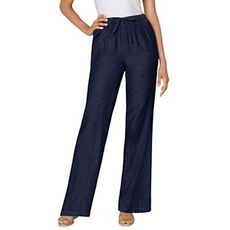 Woman Within Plus Size Tall Wide-Leg Drawstring Denim Pants