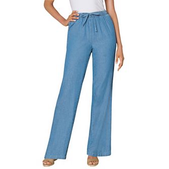 Woman Within Plus Size Tall Wide-Leg Drawstring Denim Pants