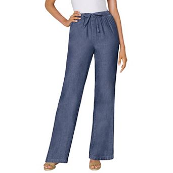 Woman Within Plus Size Tall Wide-Leg Drawstring Denim Pants