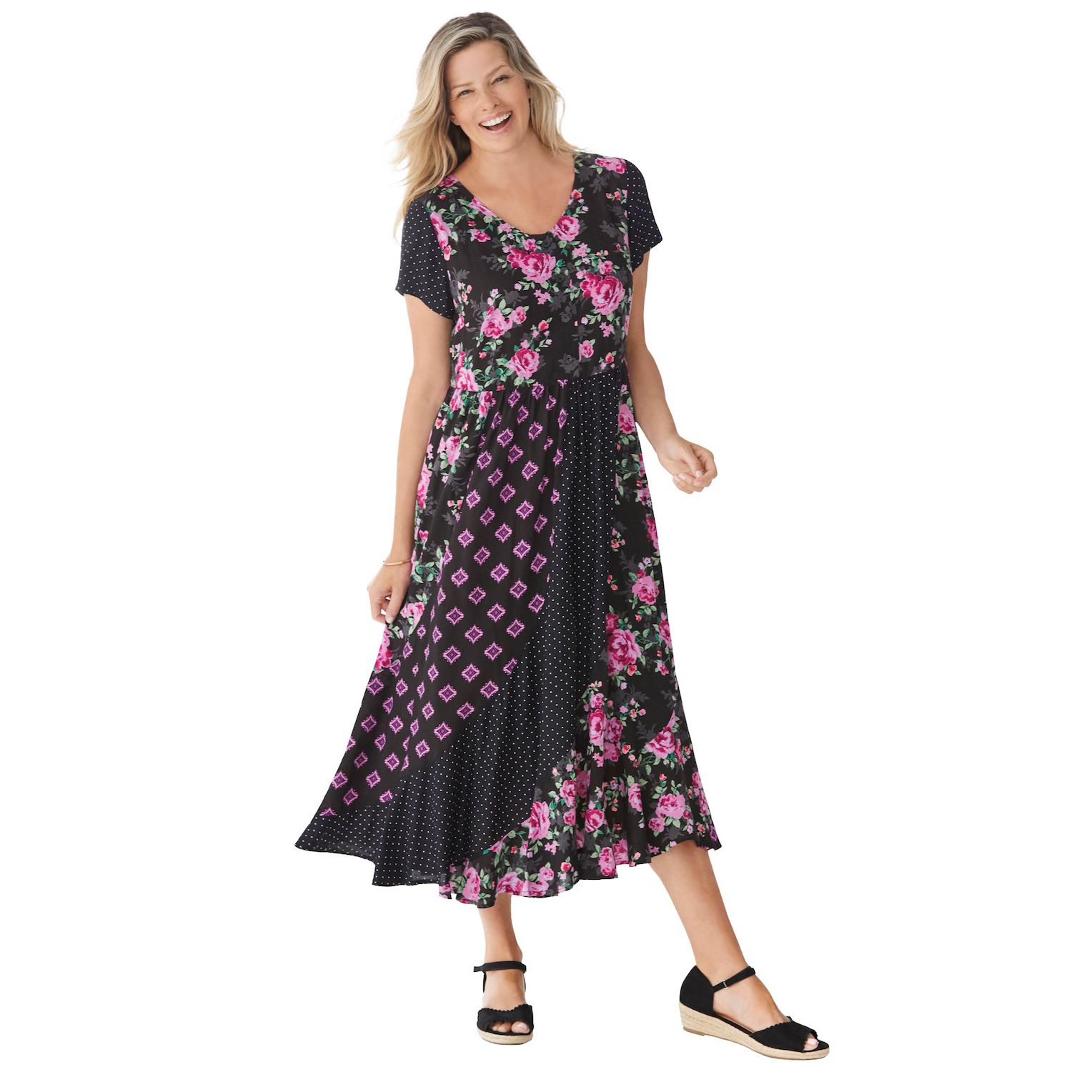 Женское платье Woman Within Plus Size Petite Mixed Print Maxi, цвет: Тёмно-синий розовый — фото 1