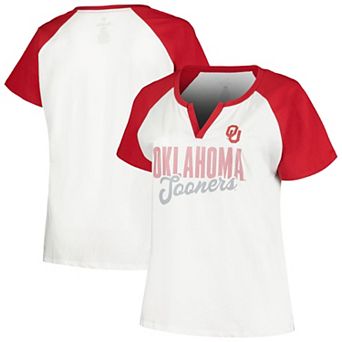 Women's Profile White/Crimson Oklahoma Sooners Plus Size Best Squad Shimmer Raglan Notch Neck T-Shirt