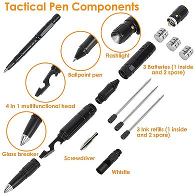 Tactical Pen Gear Set - Black - 11-in-1 Multi-tool, Glass Breaker, Led Flashlight