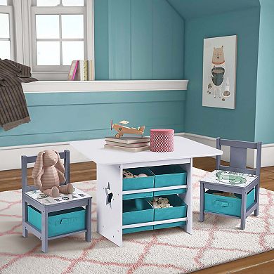 LuxenHome Kids Art Play Activity Table And Chair Set With Storage Baskets, Blue & Gray